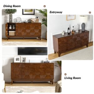 HULALA HOME Mid Century Sideboard Buffet Cabinet with Solid Wood Legs, 60" Kitchen Storage Cabinet Credenza with 4 Doors and 2 Shelves, Accent Console Table, Walnut