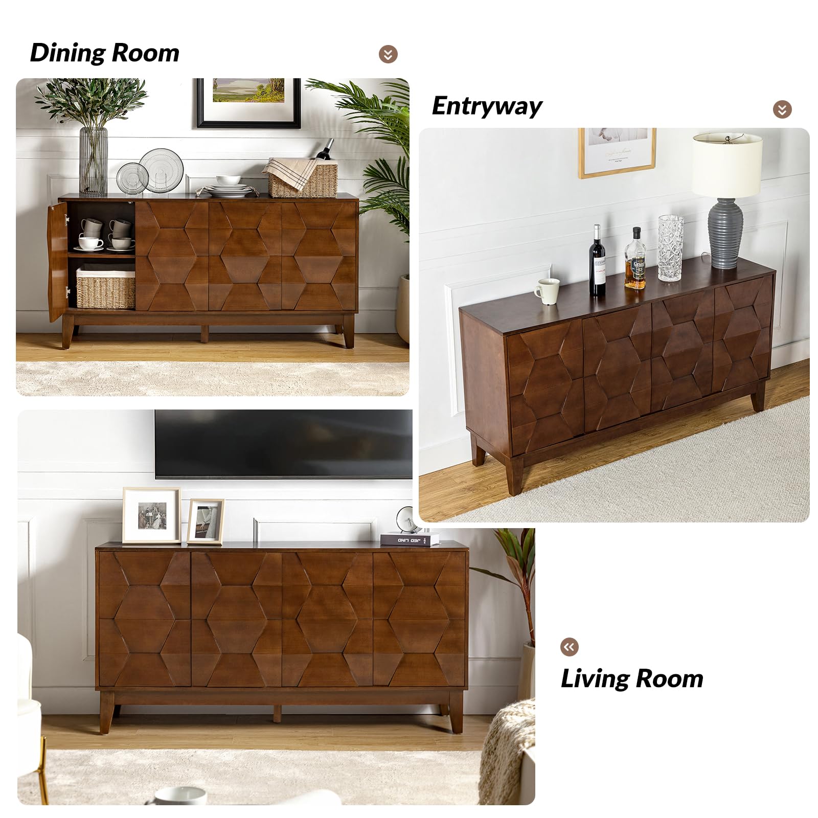 HULALA HOME Mid Century Sideboard Buffet Cabinet with Solid Wood Legs, 60" Kitchen Storage Cabinet Credenza with 4 Doors and 2 Shelves, Accent Console Table, Walnut