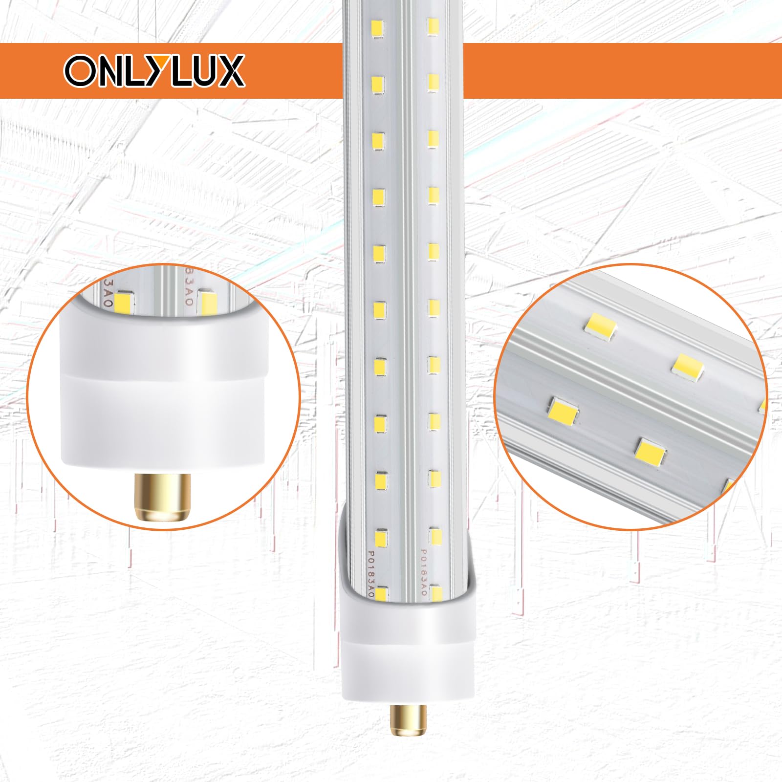 ONLYLUX 8ft LED Bulbs, 8 Foot LED Shop Light Bulb 72W 6000K 10000lm, Super Bright,T8 T10 T12 V Shape FA8 Lights, Clear Cover, F96T12 Bulbs to Replace Fluorescent Light Bulbs(Pack of 12)