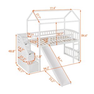 CITYLIGHT Twin Loft Bed with Stairs and Slide, Wooden House Loft Bed with Slide, Loft Bed Twin with Storage Staircase, Kids Loft Bed Frame for Girls or Boys,No Box Spring Needed, White