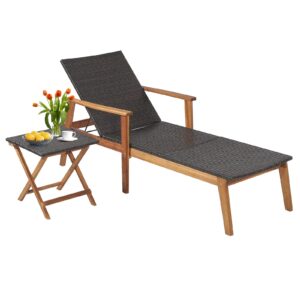 happygrill patio lounge chair with folding side table set, 4-position adjustable recliner with fully flat position, outdoor pe wicker chaise lounge with acacia wood frame