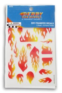 fire dry transfer car decals - blazing flames for derby racer 1 sheet - 16 flame pieces