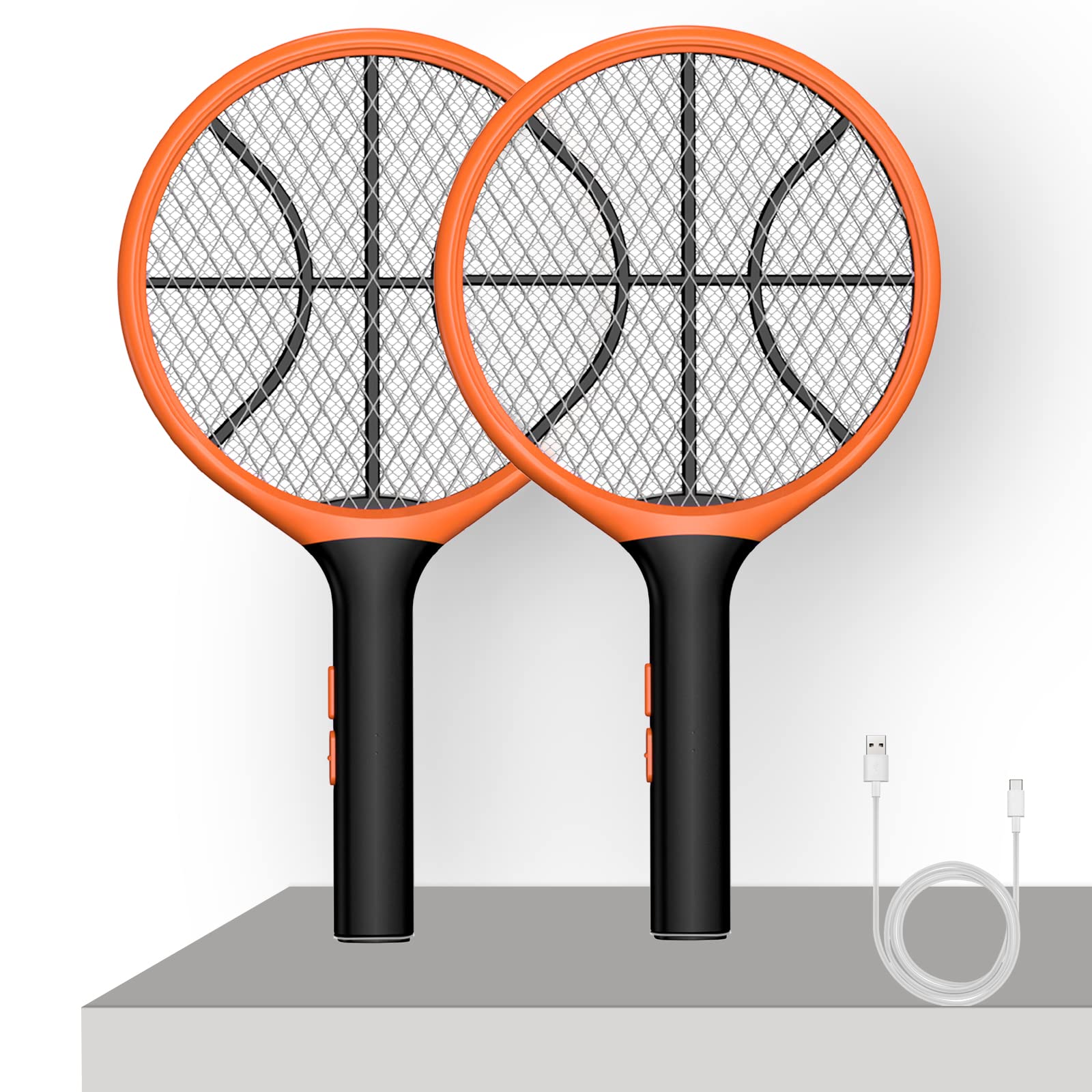 LUOJIBIE Electric Fly Swatter, Bug Zapper Racket Rechargeable Mosquito Zapper Handheld Fly Zapper with Hanging Ring for Home Indoor Outdoor, Large Size-2 Pack