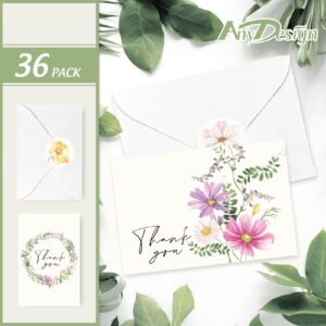 AnyDesign 36 Pack Floral Thank You Cards Watercolor Wildflower Greeting Cards with Envelopes Stickers Spring Midsummer Blank Note Cards for Birthday Wedding Baby Shower Bridal Shower, 4 x 6 Inch