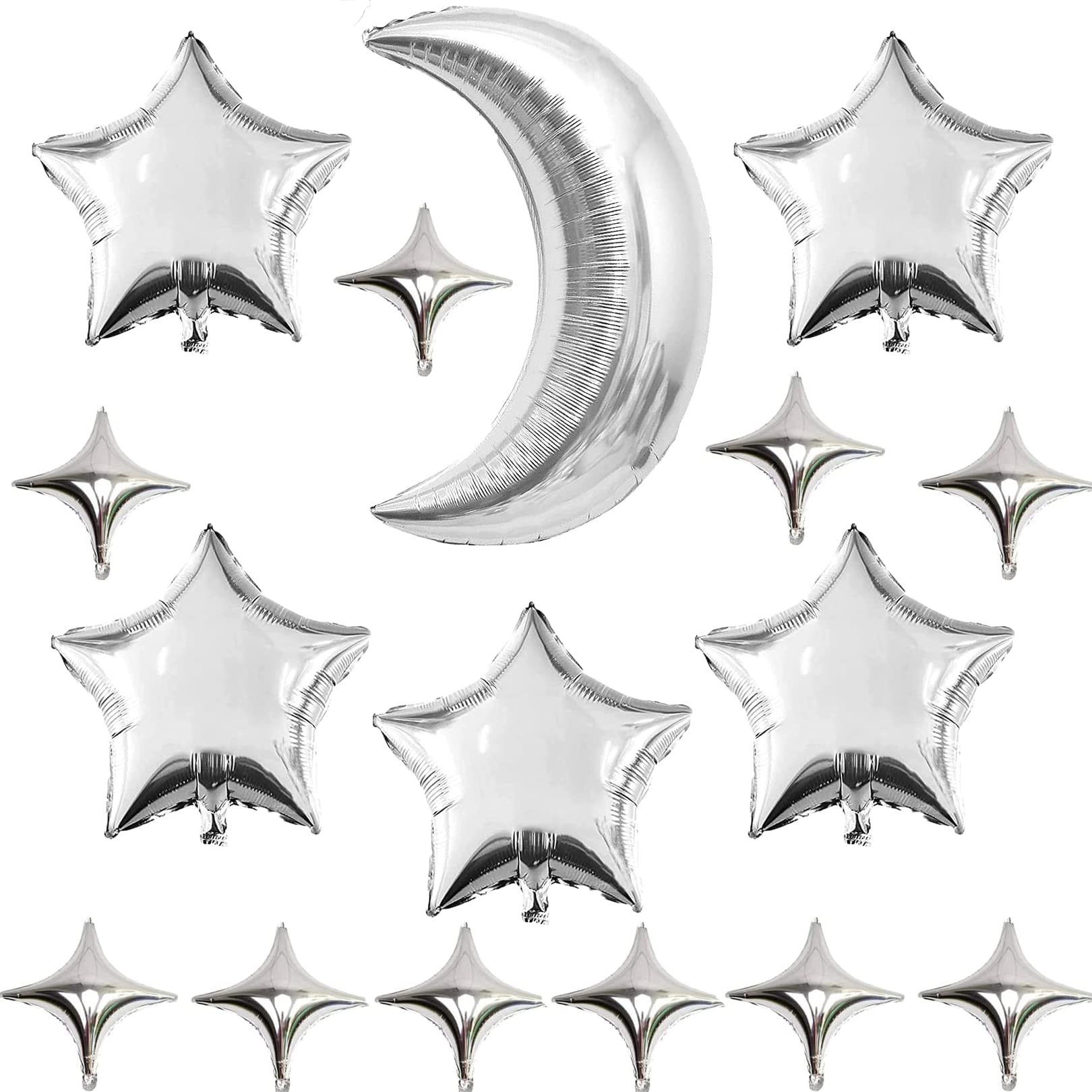 JANSONG 16 Pcs Silver Moon Star Foil Balloons Jumbo Mylar Foil Balloons Large Moon for Baby Shower Bar Theme Valentines Engagement Wedding Decors Anniversary Birthday Decorations Party Supplies