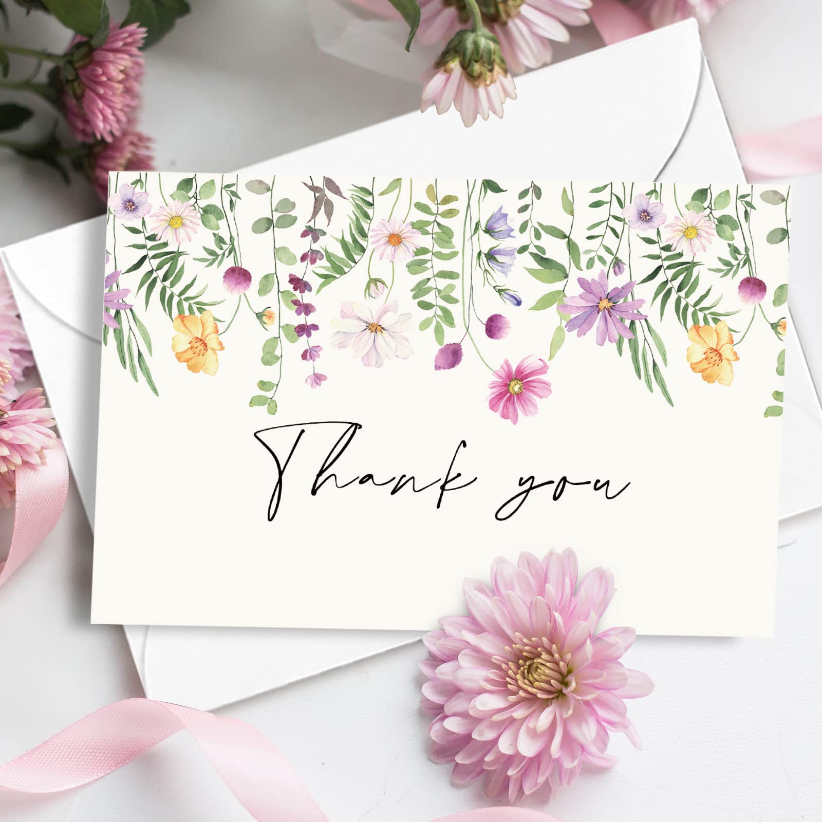 AnyDesign 36 Pack Floral Thank You Cards Watercolor Wildflower Greeting Cards with Envelopes Stickers Spring Midsummer Blank Note Cards for Birthday Wedding Baby Shower Bridal Shower, 4 x 6 Inch