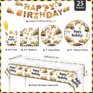 Lopeastar 127Pcs Construction Birthday Party Supplies Plates Set, Construction Party Decorations Excavator Plates Napkins Cups Forks Tablecloth and Happy Birthday Banner for 25 Guests