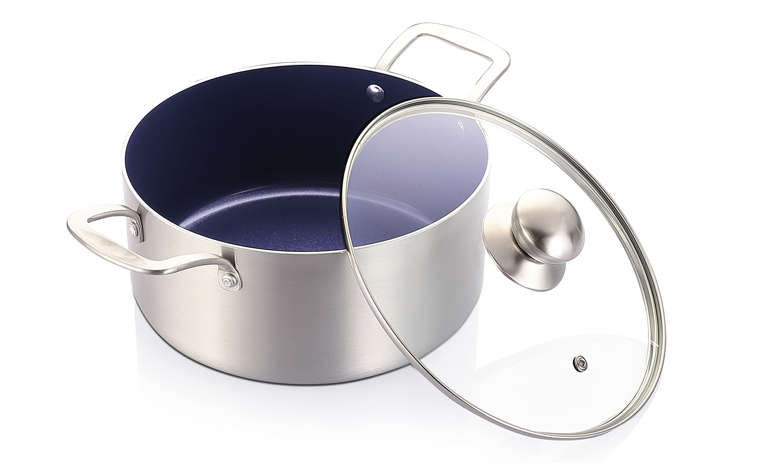 Eternal Living Nonstick Stock Pot Stainless Steel and Ceramic Infused Cooking Pot with Lid, Blue 4.5 qt