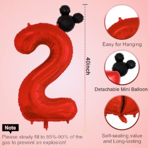 40 inch Red Number 2 Balloon & Mini Mouse Head Balloon, 2nd Birthday Party Decoration Balloons, Cartoon Mouse Birthday Party Supplies Baby Shower Decoration, Red Black Theme Party Decorations Supplies