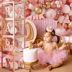 Amandir 134pcs Rose Gold Balloons Baby Shower Decorations for Girl Baby Boxes, Butterfly Stickers Balloon Garland Arch Kit Baby Box with Letter (A-Z+Baby) for Women Birthday Bridal Party Decoration