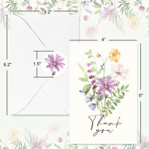 AnyDesign 36 Pack Floral Thank You Cards Watercolor Wildflower Greeting Cards with Envelopes Stickers Spring Midsummer Blank Note Cards for Birthday Wedding Baby Shower Bridal Shower, 4 x 6 Inch