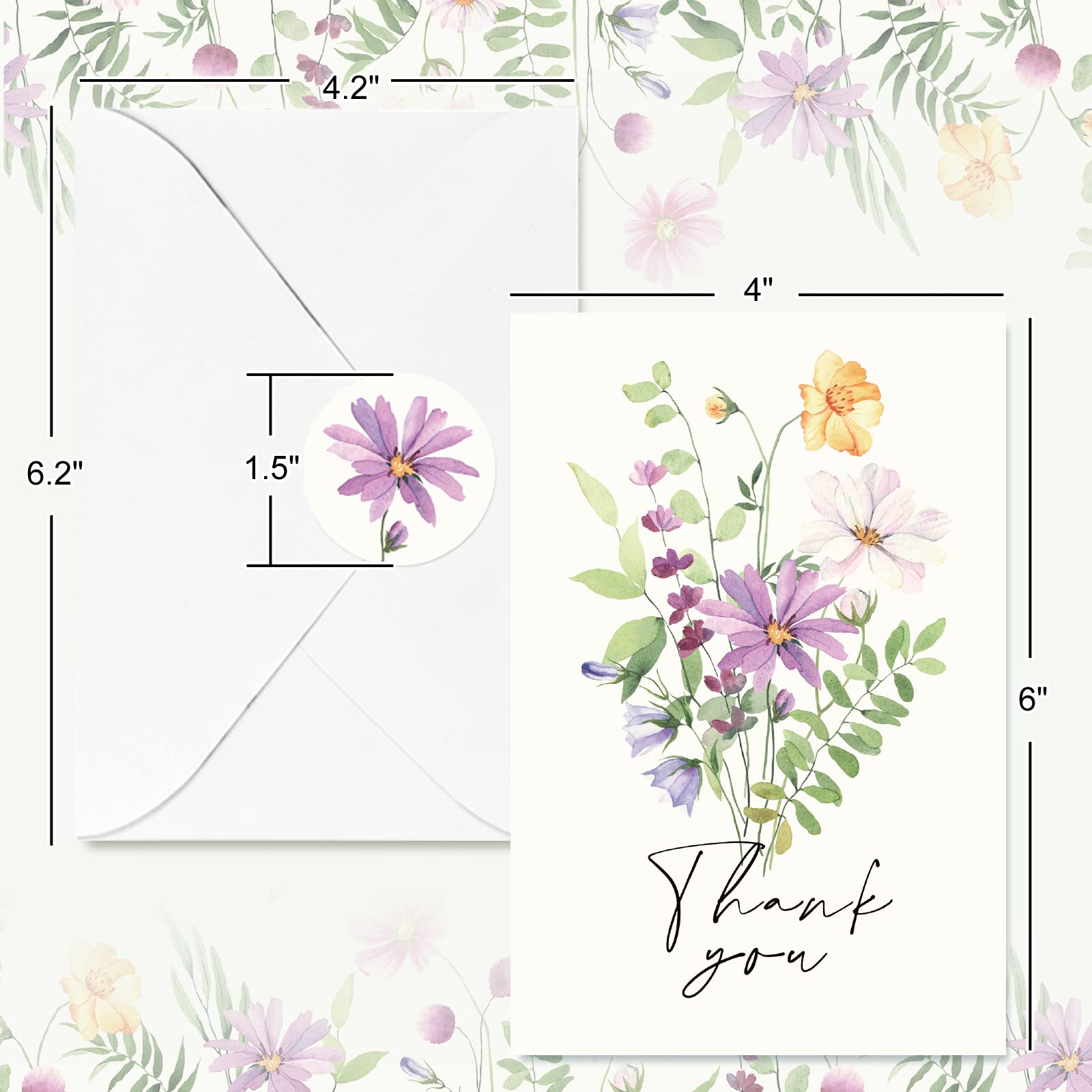 AnyDesign 36 Pack Floral Thank You Cards Watercolor Wildflower Greeting Cards with Envelopes Stickers Spring Midsummer Blank Note Cards for Birthday Wedding Baby Shower Bridal Shower, 4 x 6 Inch