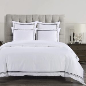 hiend accents embroidered border 3 piece duvet cover set, super king size, white with black embroidery, modern classic hotel style cotton luxury bedding, 1 comforter cover and 2 pillowcases