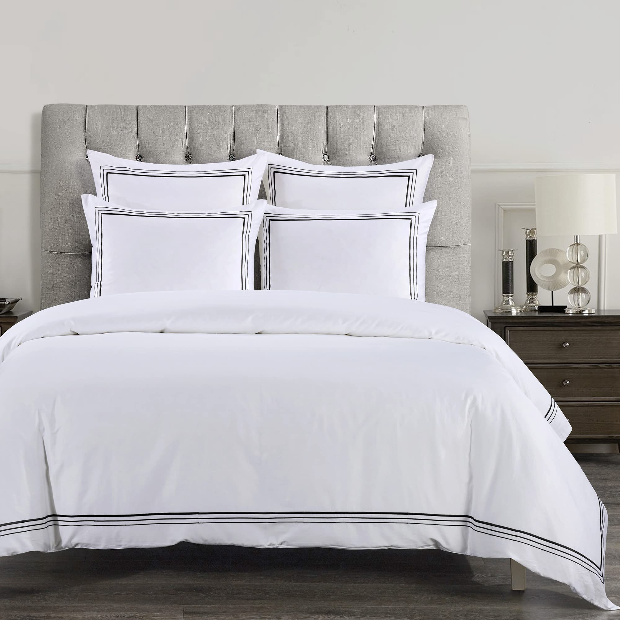 HiEnd Accents Embroidered Border 3 Piece Duvet Cover Set, Super King Size, White with Black Embroidery, Modern Classic Hotel Style Cotton Luxury Bedding, 1 Comforter Cover and 2 Pillowcases