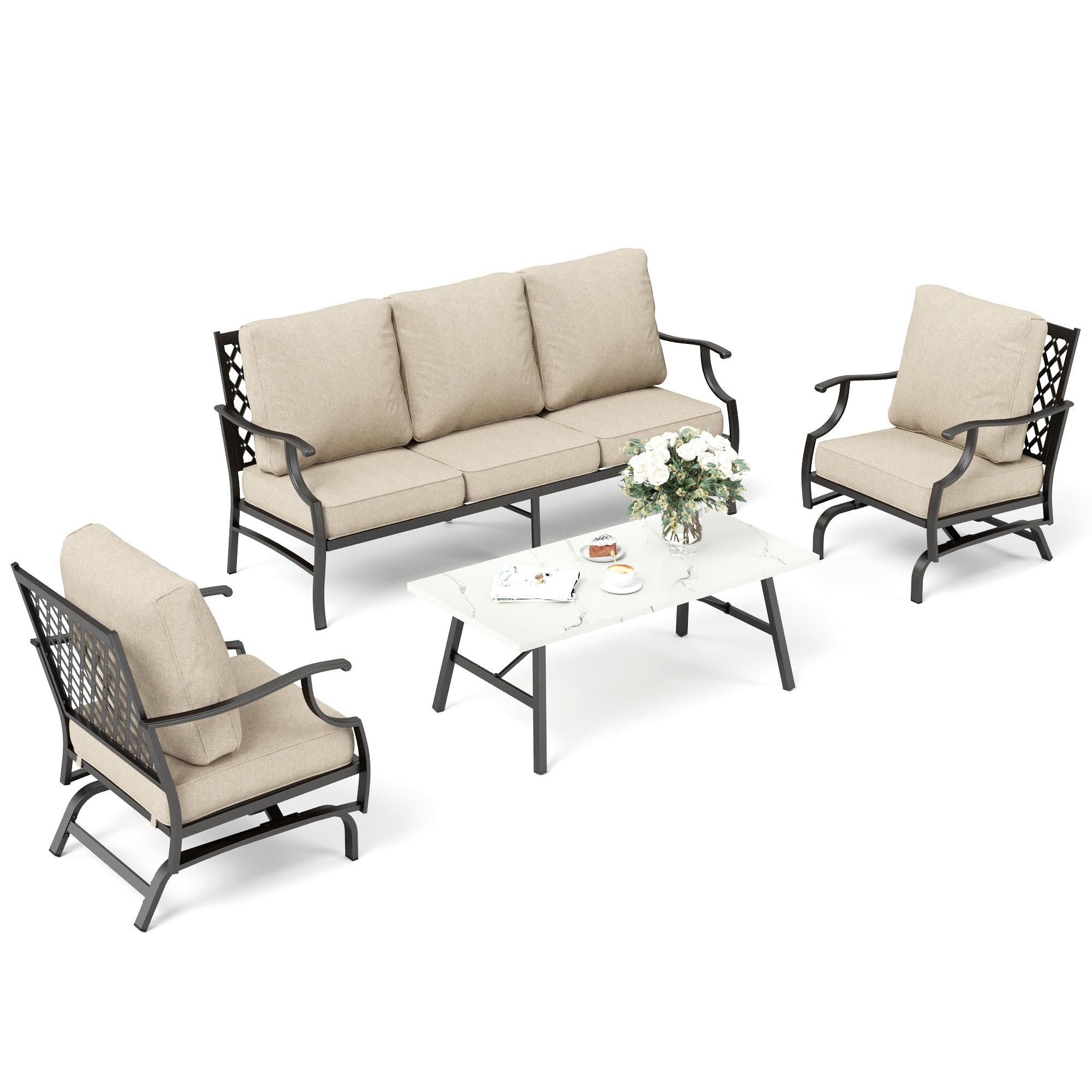 SUNSHINE VALLEY Patio Furniture Set, 4 Piece Modern Metal Outdoor Patio Furniture, 3 Seater Sofa, 2 Rocking Chairs, Coffee Table and 5.75" Extra Thick Cushion, Patio Conversation Set for Deck Backyard