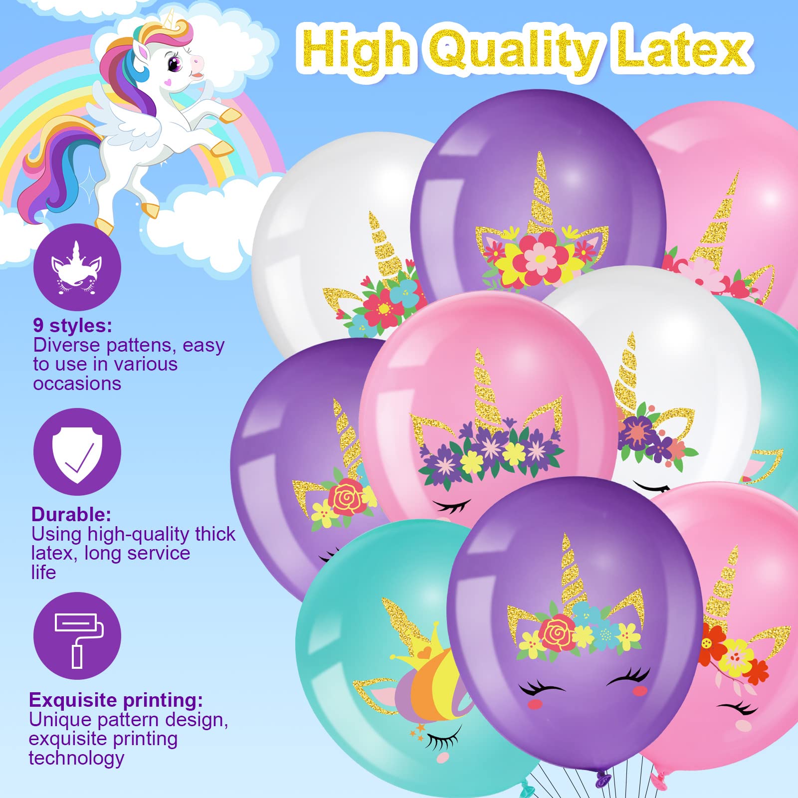 45 Pieces Unicorn Balloons Unicorn Latex Balloons Rainbow Party Balloons Arch Kit Column Garlands Balloons for Girls Birthday Unicorn Themed Baby Shower Ideal Party Decorations Supplies