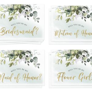 Printed Party Bridemaid Proposal Kit, 16 Cards and Envelopes, Greenery Eucalyptus, Includes Maid of Honor, Matron of Honor, and Flower Girl