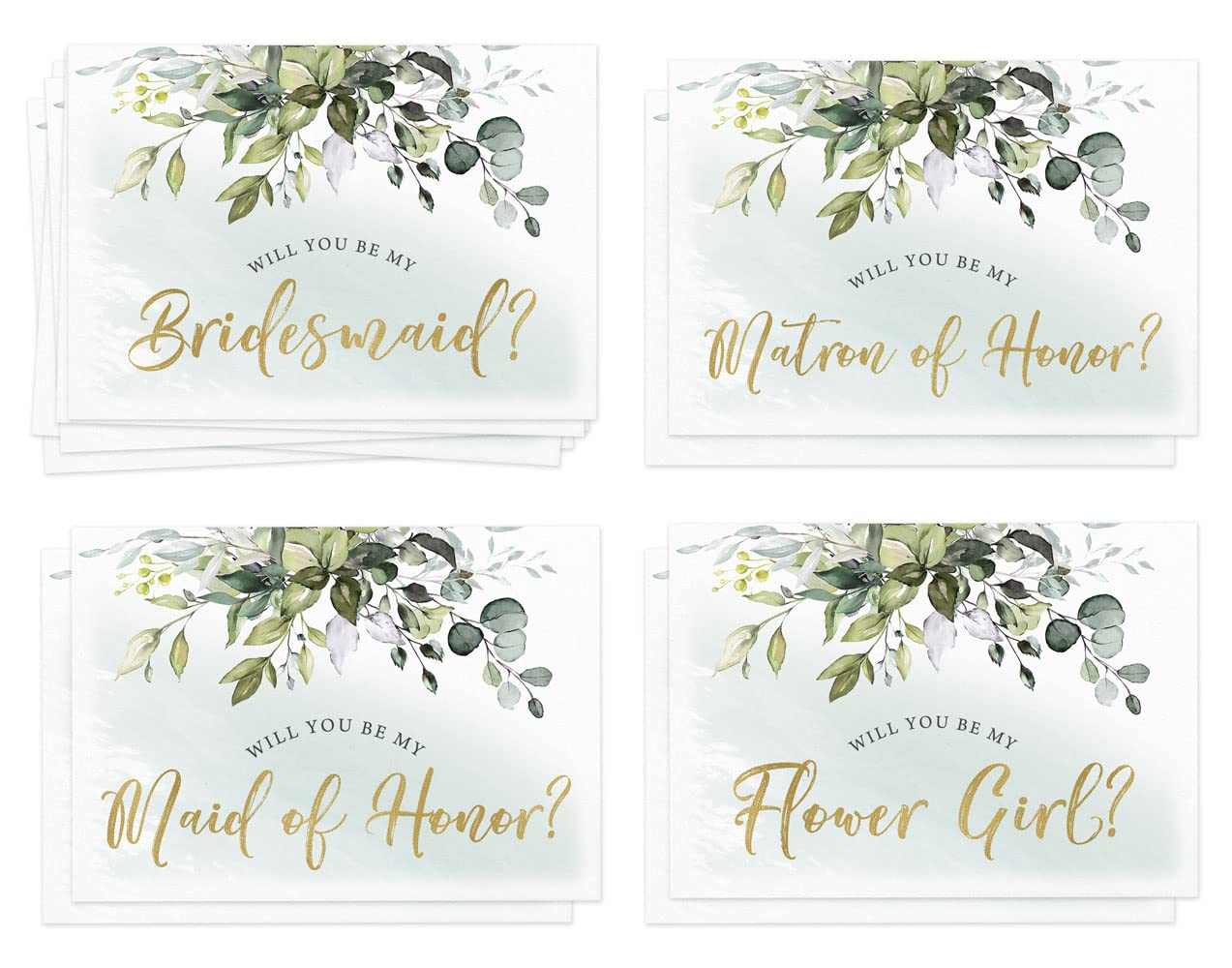 Printed Party Bridemaid Proposal Kit, 16 Cards and Envelopes, Greenery Eucalyptus, Includes Maid of Honor, Matron of Honor, and Flower Girl