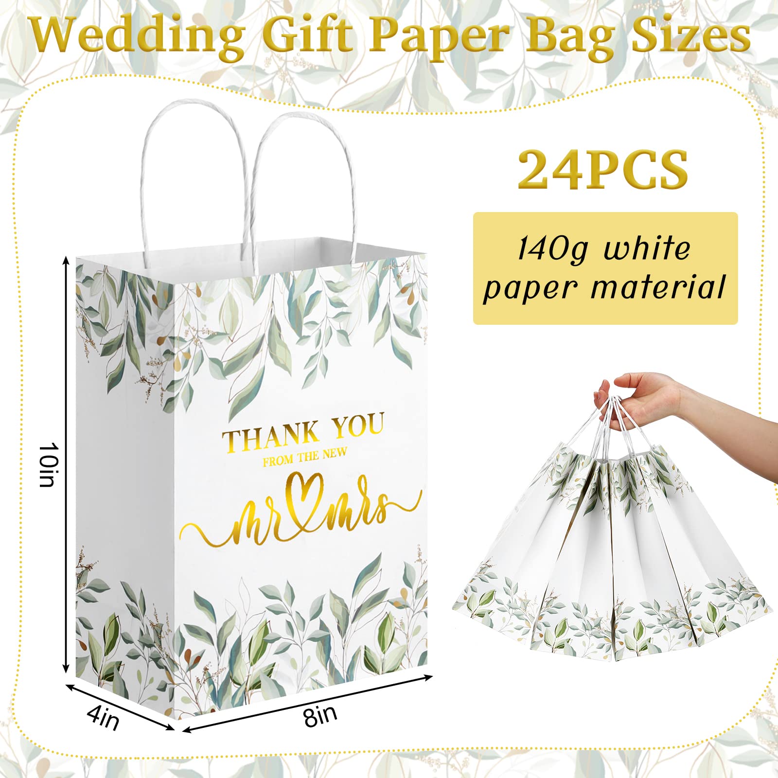 24 Pcs Thank You Wedding Gift Bags Bulk Wedding Paper Gift Bag with Handles Thank You Paper Bags Wedding Welcome Bags Wedding Favor Bags for Guests Bridal Shower Gifts Wedding Favors, 8 x 4 x 10 Inch