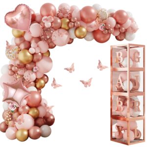 amandir 134pcs rose gold balloons baby shower decorations for girl baby boxes, butterfly stickers balloon garland arch kit baby box with letter (a-z+baby) for women birthday bridal party decoration