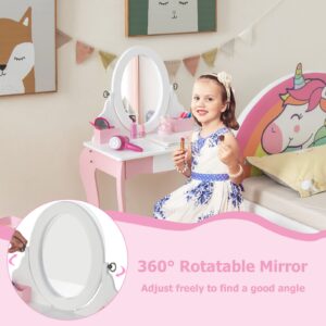 INFANS Kids Vanity with 360° Rotating Mirror and Drawing Board, 2 in 1 Princess Makeup Dressing Table and Stool with Accessories, Drawers, Wooden Play Vanity Set for Little Girls