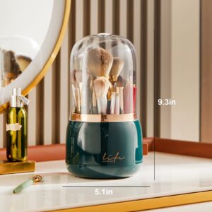 LtyTz Makeup Brush Holder Organizer with Lid, Rotating Dustproof Make Up Brushes Organizer with Clear Acrylic Cover for Vanity Desktop Bathroom Countertop (Dark green)