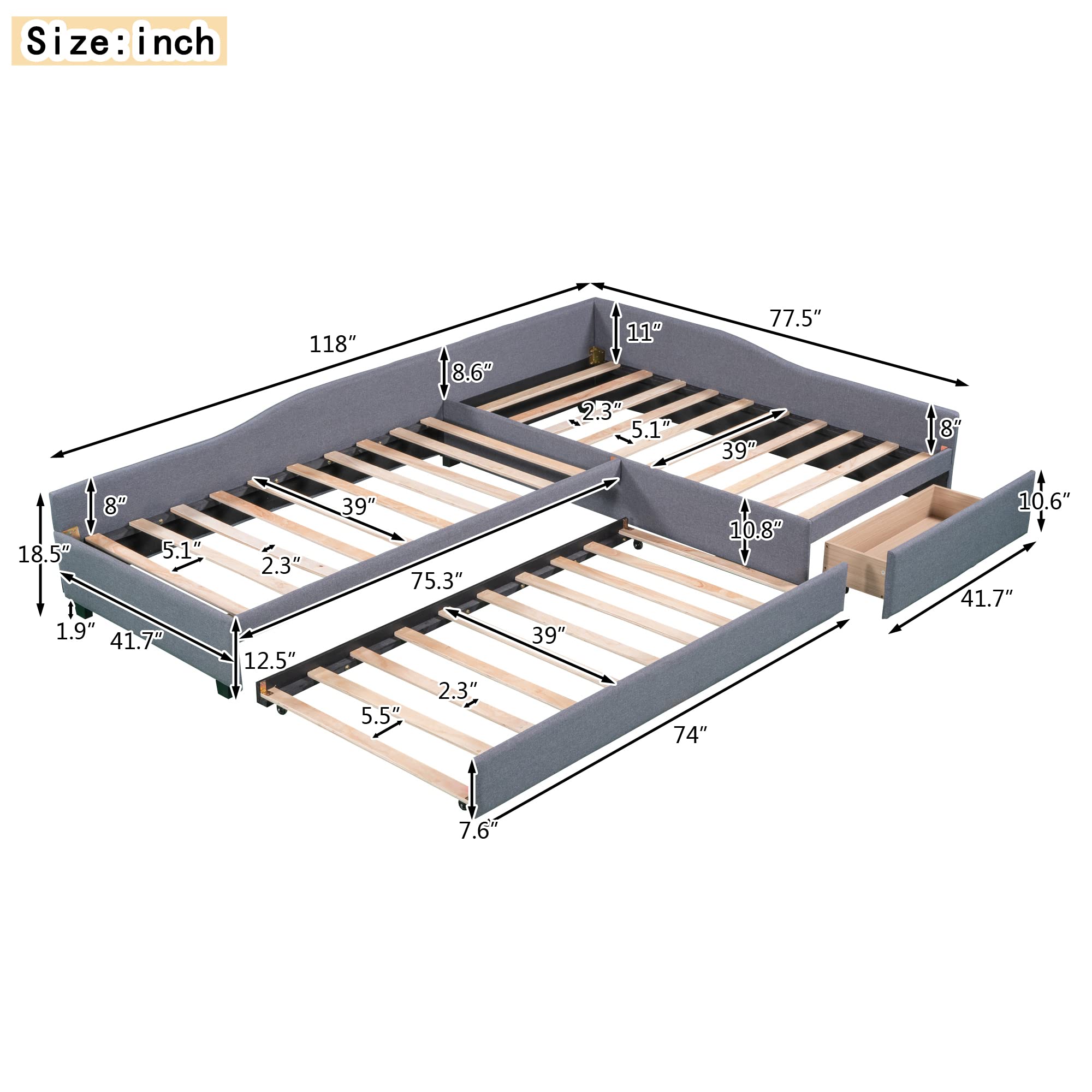 L-Shape Platform Bed Twin Size Upholstered Daybed with Trundle and Storage Drawer Linen Corner Day Bed Frame for 3 Kids Boys Girls Teens, Gray