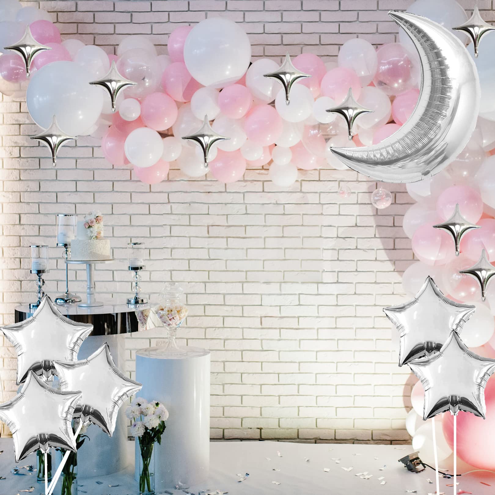 JANSONG 16 Pcs Silver Moon Star Foil Balloons Jumbo Mylar Foil Balloons Large Moon for Baby Shower Bar Theme Valentines Engagement Wedding Decors Anniversary Birthday Decorations Party Supplies