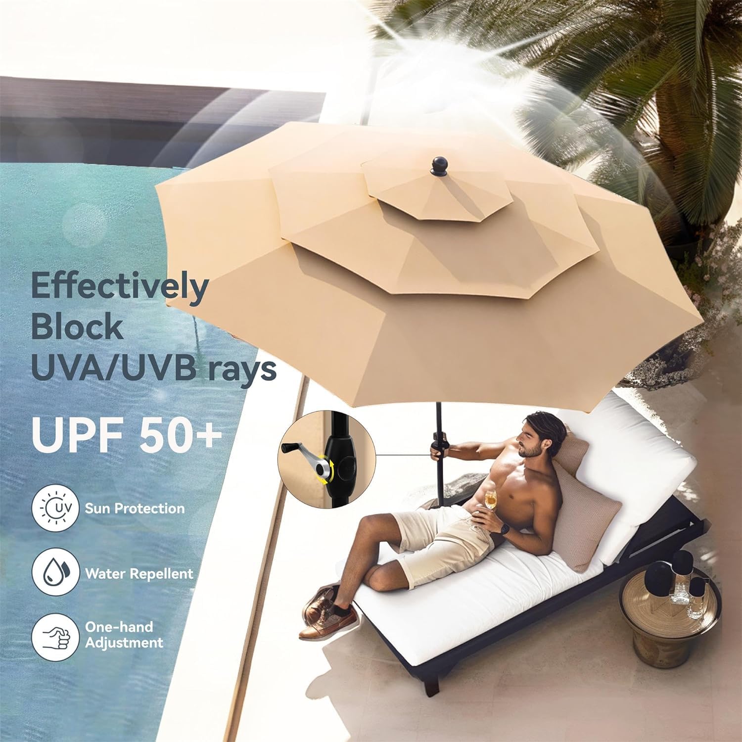 PHI VILLA 5 Pieces Outdoor Dining Set with Umbrella for 4, 37" Square Metal Dining Table & 4 Cushioned Wicker Rattan Chairs with 10ft Beige Umbrella for Patio, Deck, Yard, Porch