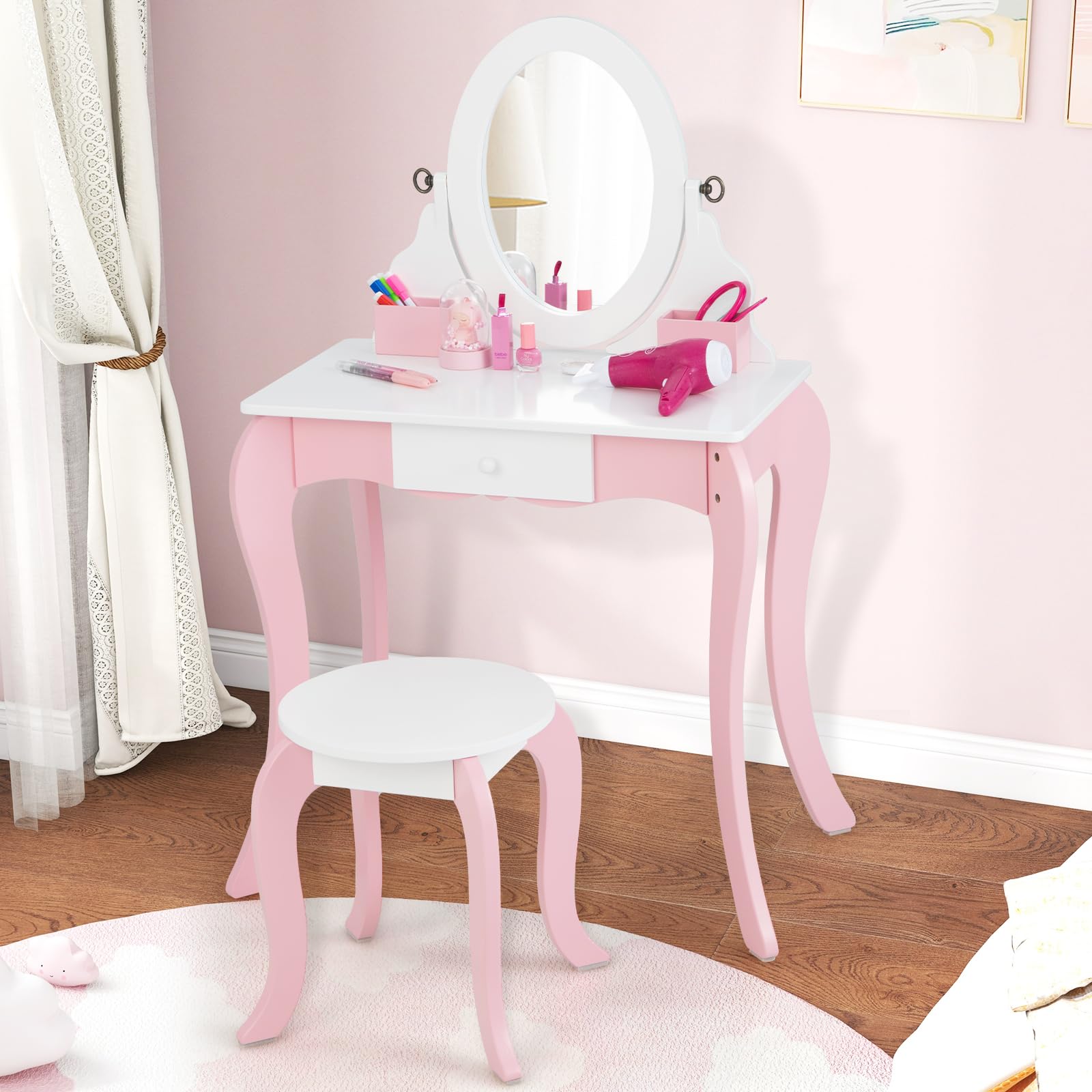 INFANS Kids Vanity with 360° Rotating Mirror and Drawing Board, 2 in 1 Princess Makeup Dressing Table and Stool with Accessories, Drawers, Wooden Play Vanity Set for Little Girls