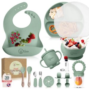 o'doe 17-piece bpa-free silicone baby feeding set | thick & soft suction plates, baby bowls, wooden fork & spoon, and more | make mealtime fun and easy for your little one (green, v2)