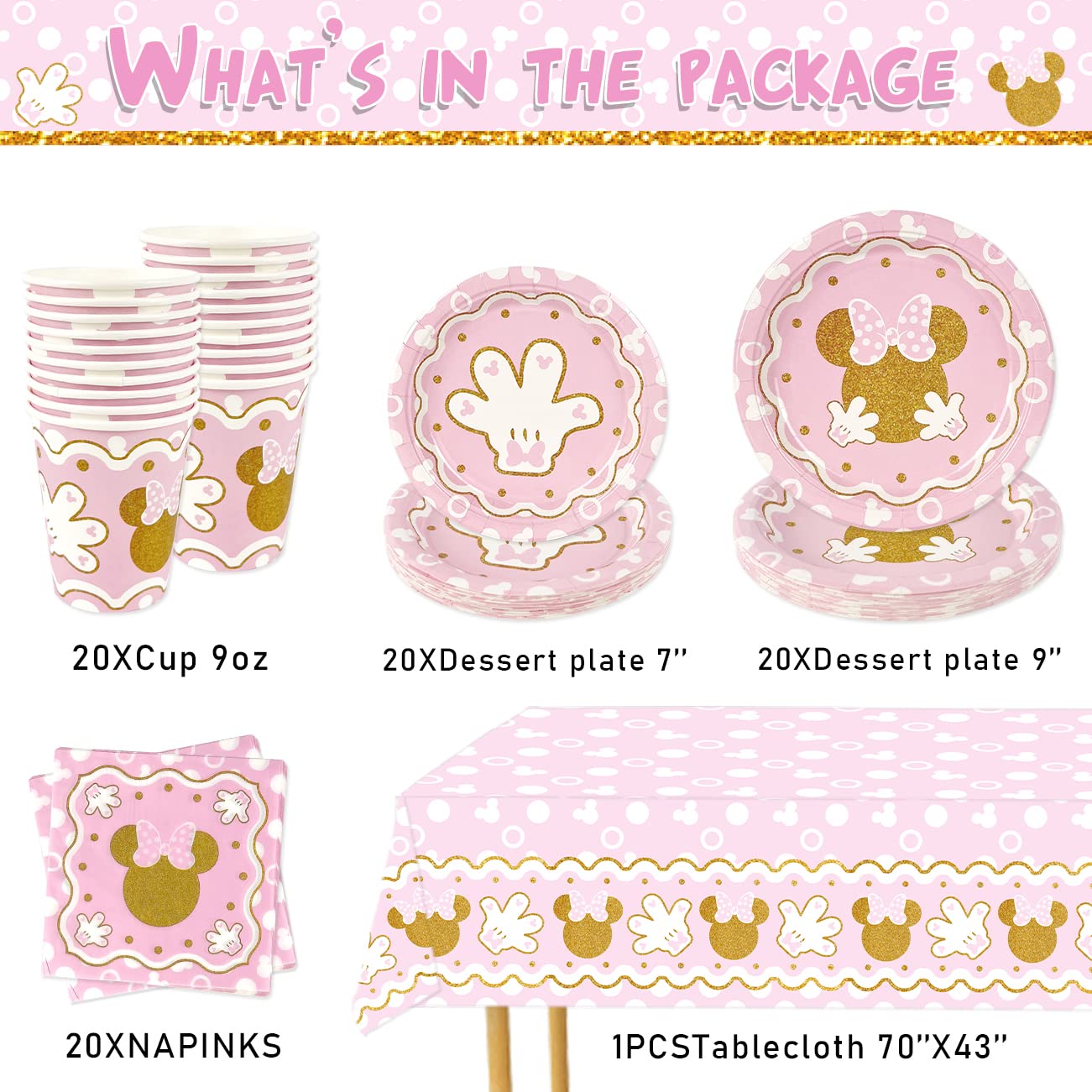 Haimimall Minnie Party Supplies Tableware Set Baby Shower Girl Minnie Theme Mouse Birthday Party Include Backdrop,Tablecloth,Plates,Napkins,Cups,Balloons Baby Shower Decorations Dinnerware Serve 20