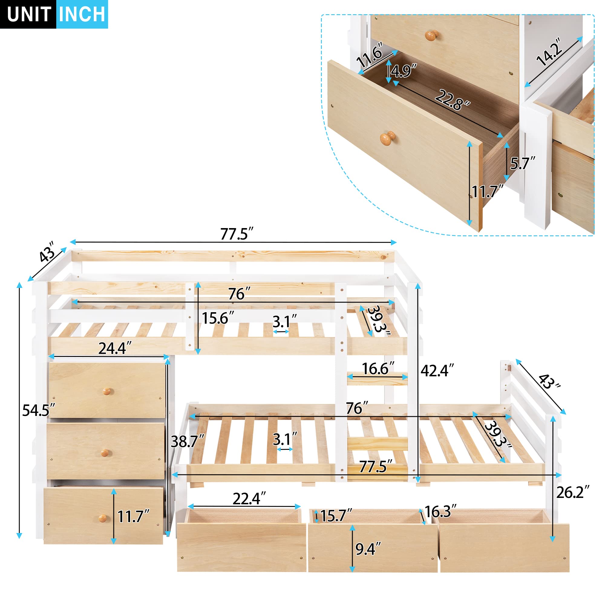 Bellemave Low Loft Bed with Storage Drawers and Dresser, Wood Twin Over Twin Bunk Bed Frame for 2 Kids, Modern Junior Loft Beds with Storage and Platform Bed for Boys Girls Teen,White With Natural