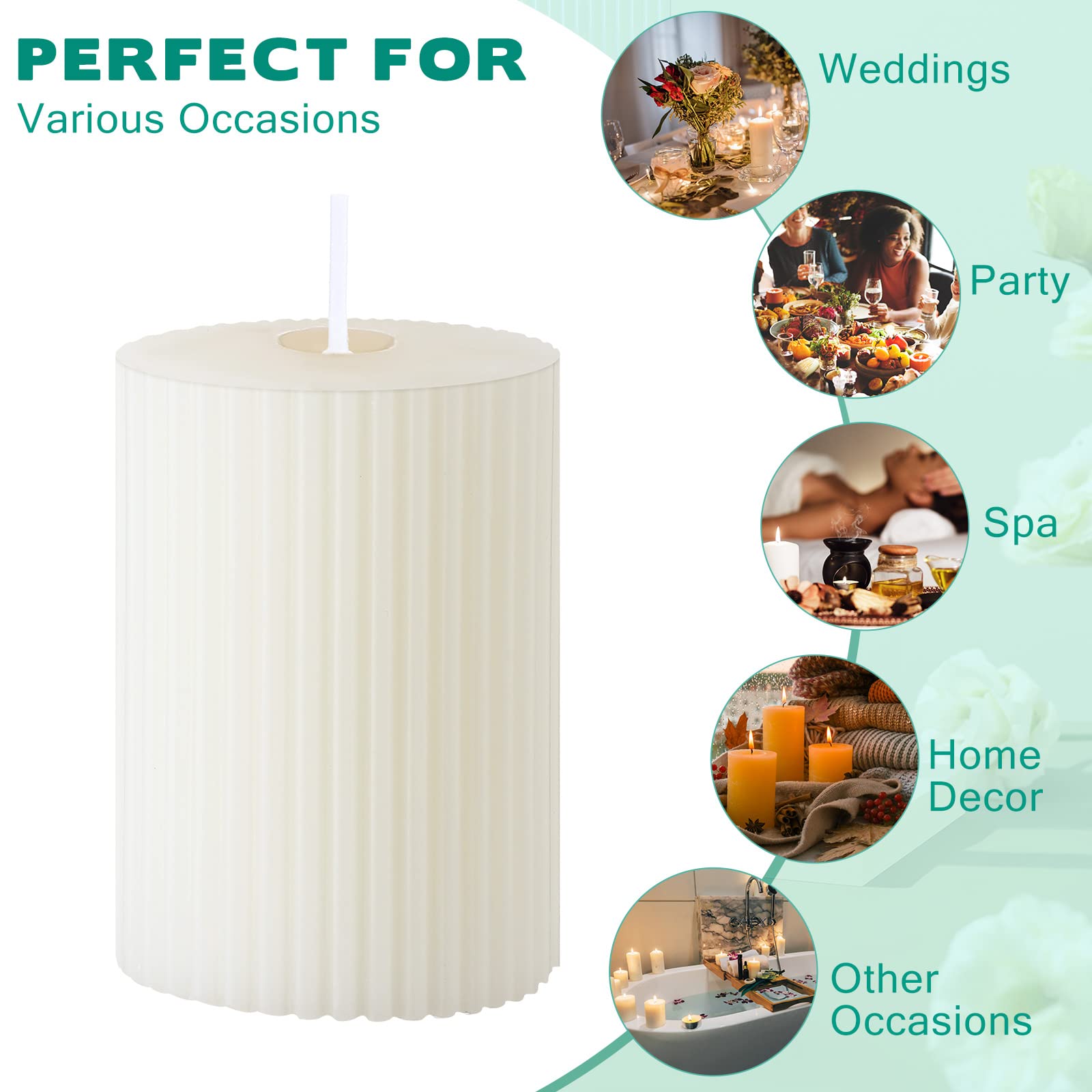 Set of 12 Ribbed Pillar Candles Soy Wax Home Decor Modern White Candles with Cotton Wick for Wedding, Home, Restaurants, Spa, Church Decoration, 2 x 3 Inch, 2 x 6 Inch, 2 x 8 Inch