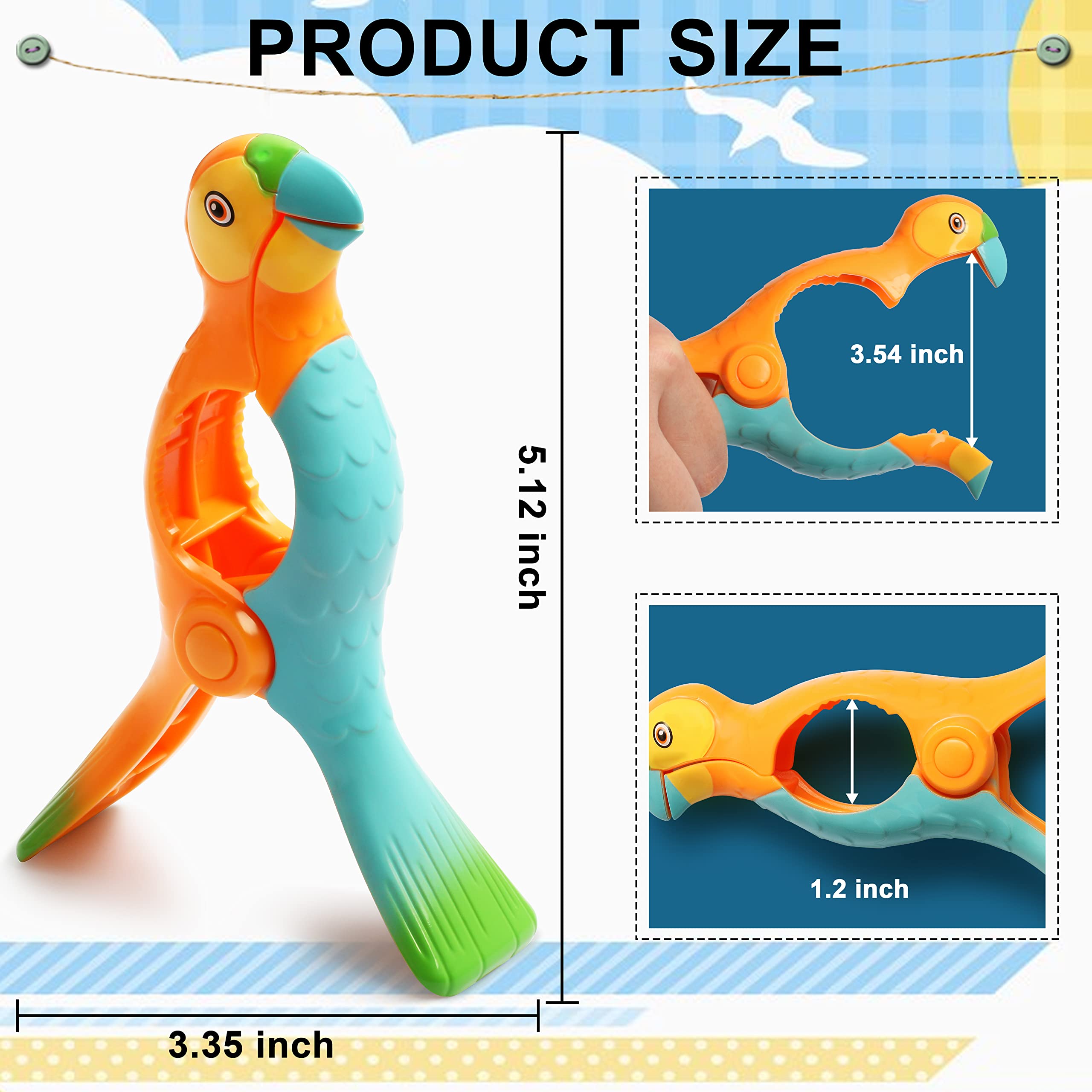 Beach Towel Clips, Kaluofan 4PCS Towel Clips for Beach Chairs, Strong Beach Chair Clips for Towels, Vivid Parrot Shape Beach Accessories (Blue+Orange)