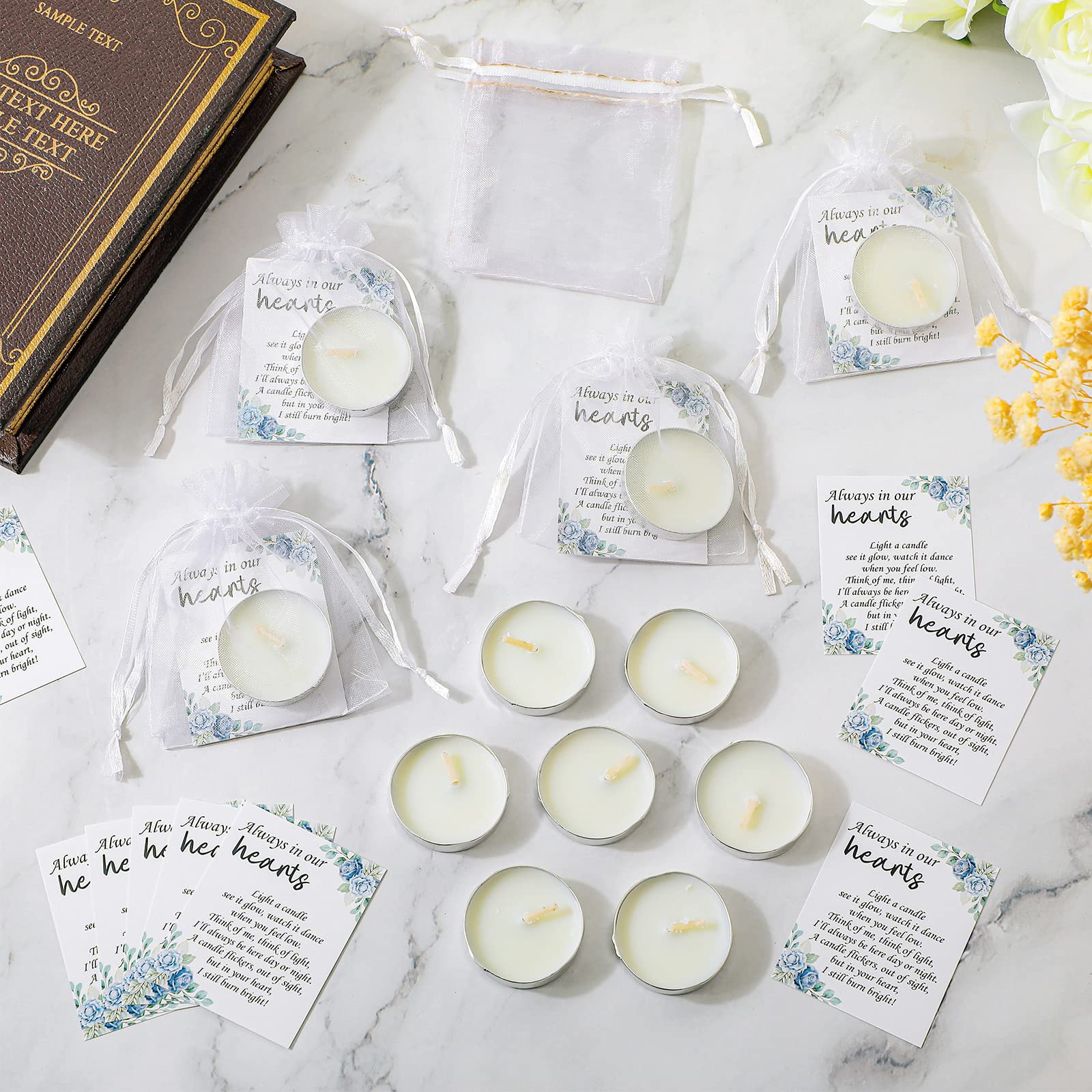 50 Set Funeral Party Favors Memorial White Candles Unscented Funeral Gifts Tealight Candles with Condolence Bereavement Cards and Organza Bags for Guest Celebration of Life Decorations (Elegant)