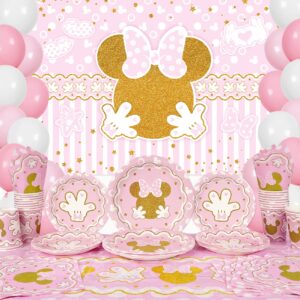 haimimall minnie party supplies tableware set baby shower girl minnie theme mouse birthday party include backdrop,tablecloth,plates,napkins,cups,balloons baby shower decorations dinnerware serve 20