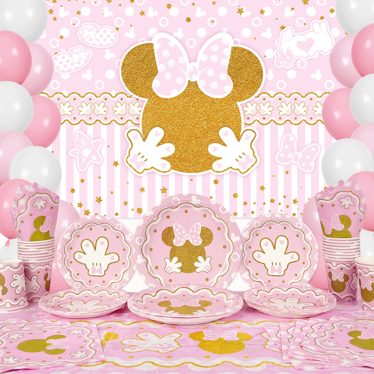 Haimimall Minnie Party Supplies Tableware Set Baby Shower Girl Minnie Theme Mouse Birthday Party Include Backdrop,Tablecloth,Plates,Napkins,Cups,Balloons Baby Shower Decorations Dinnerware Serve 20