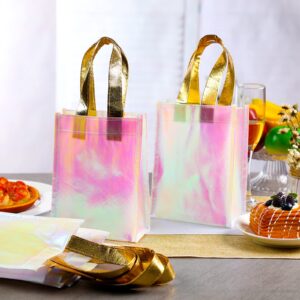 Jutom 20 Pieces Iridescent Gift Bags Bulk Reusable Tote Bag Party Favor Bags with Glossy Finish Birthday Gift Bags with Handles for Christmas Party Wedding(6 x 3 x 8 Inch,Pink)