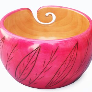 Premium Wooden Yarn Bowl for Crocheting & Knitting 7" x 4" - Large Yarn Bowl Holder - Wooden Yarn Storage Bowl - Crocheting Accessories & Gifts for Mom - Leaves Design Pink