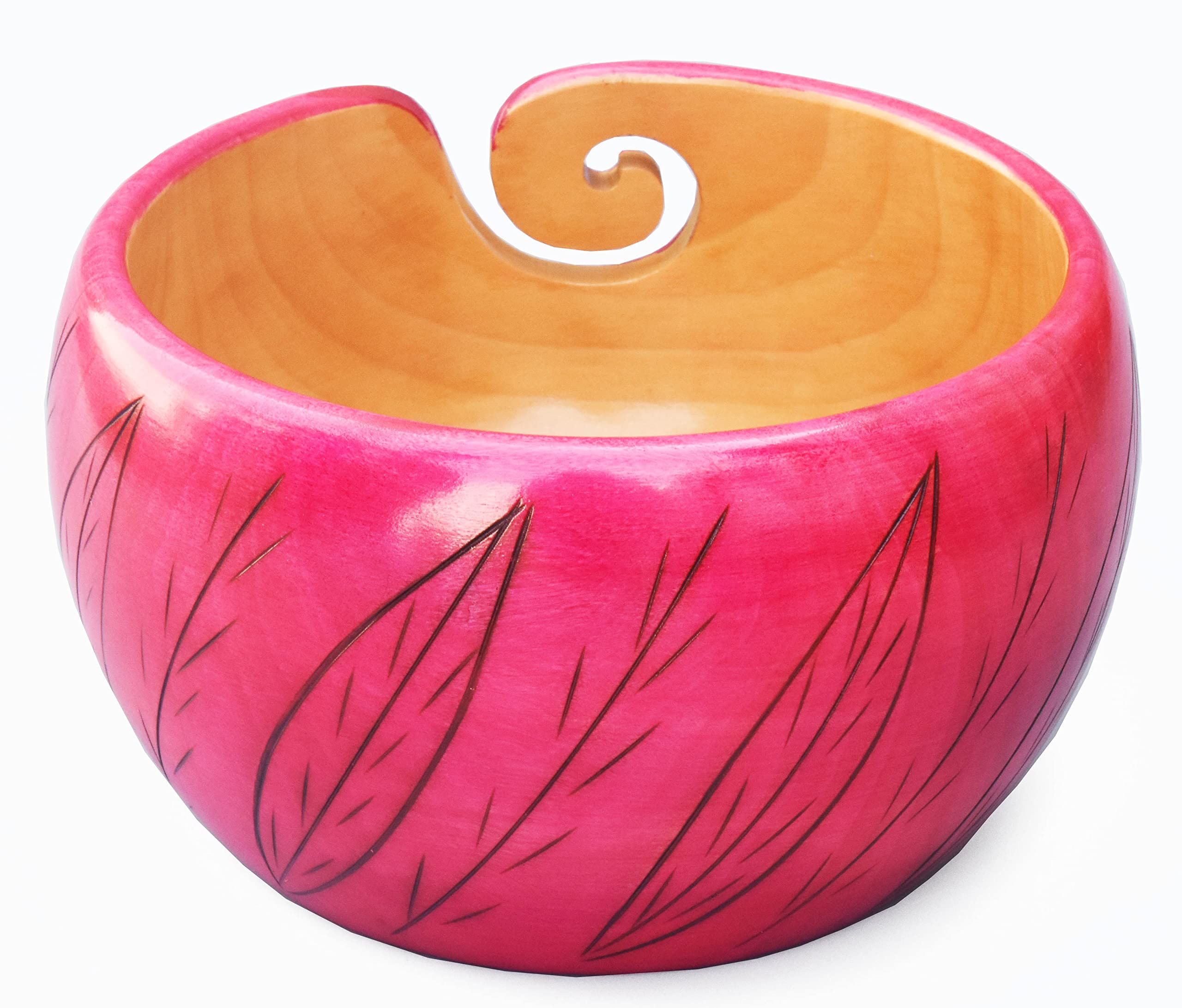 Premium Wooden Yarn Bowl for Crocheting & Knitting 7" x 4" - Large Yarn Bowl Holder - Wooden Yarn Storage Bowl - Crocheting Accessories & Gifts for Mom - Leaves Design Pink