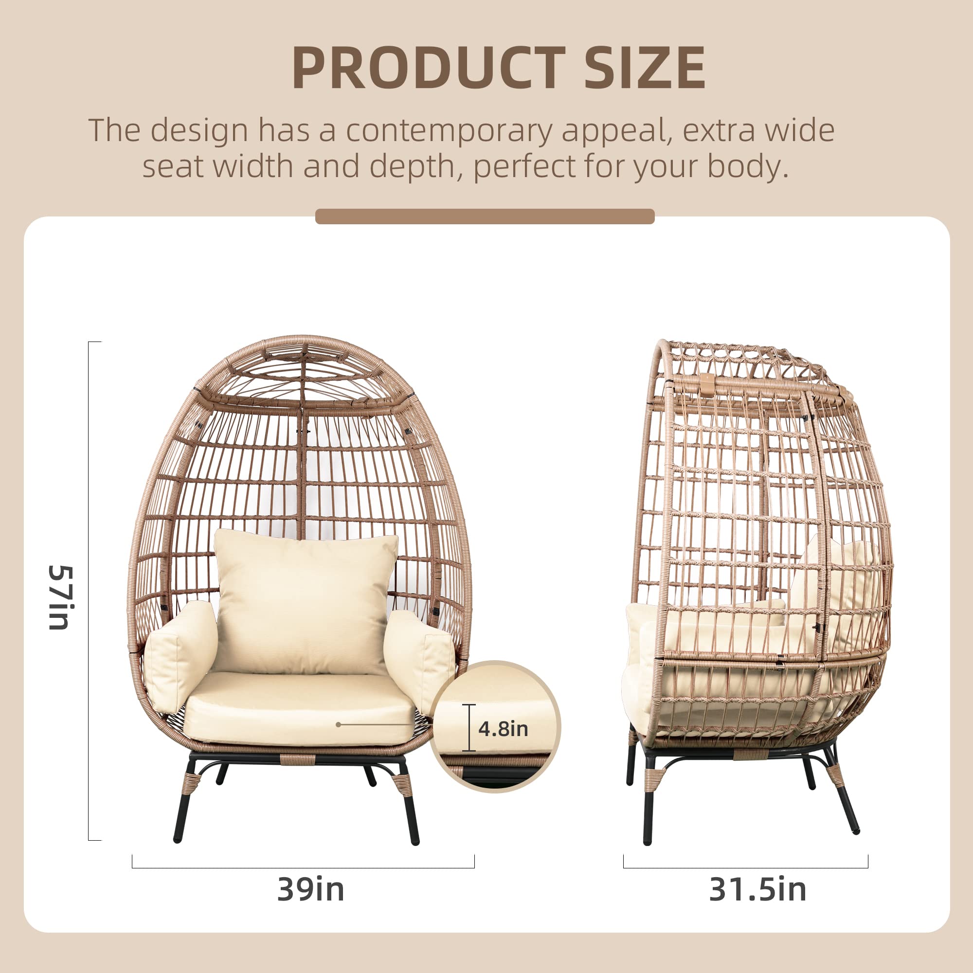 UPHA Outdoor Oversized Egg Chair,Indoor Patio Large Wicker Lounge Chair with Steel Frame and Cushions for Outside,Backyard(Beige Rattan,Beige)