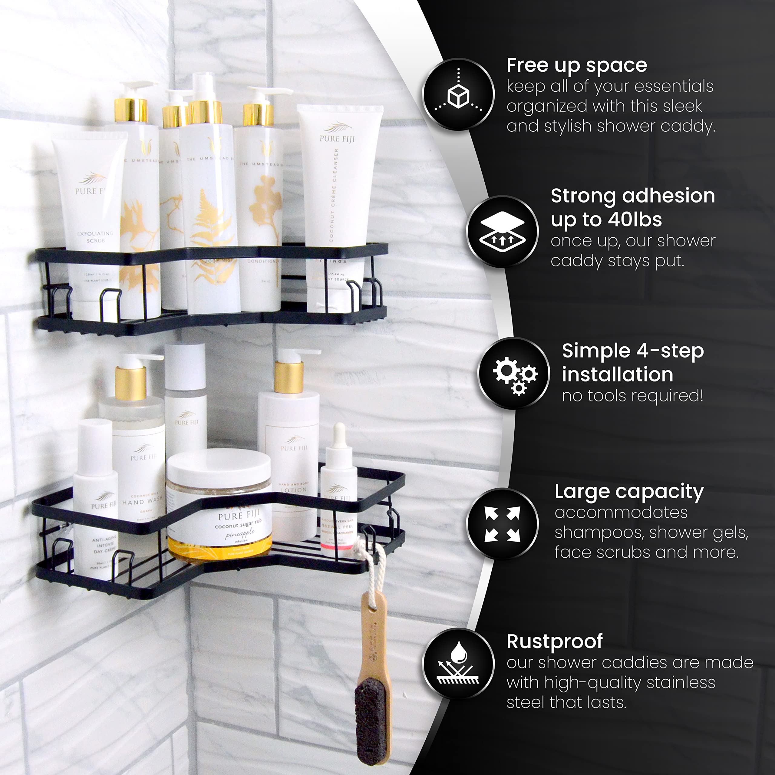 Rapt Home Goods Corner Shower Caddy - 2-Pack Rustproof Stainless Steel Adhesive Shower Shelves for Bathroom & Bathtub Storage - Drill-Free, Large Capacity