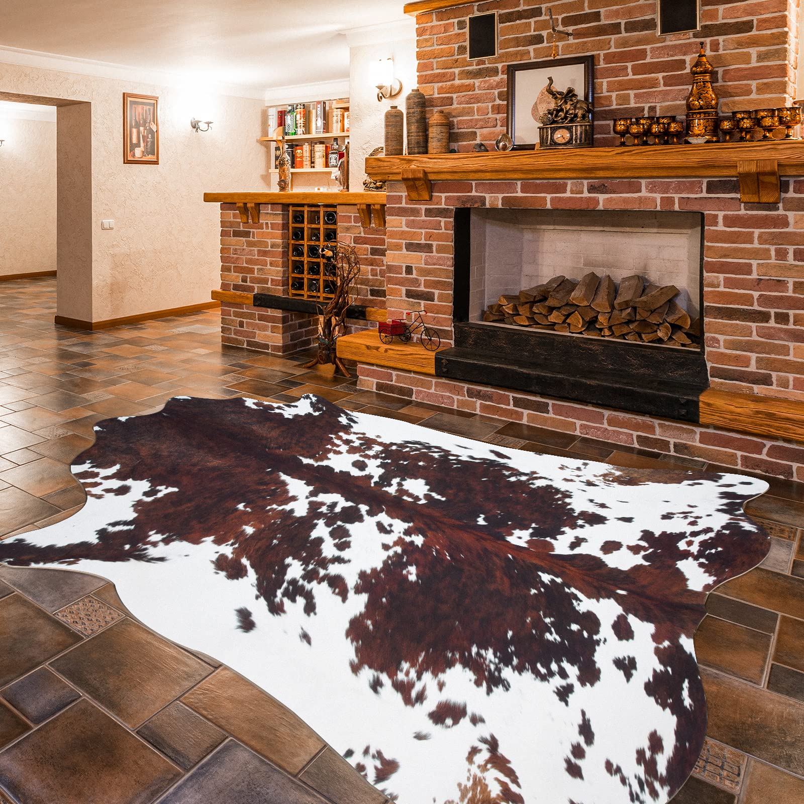 Guyi Rare Faux Cowhide Rug Cow Rug 5.2X4.6 Feet Rustic Chic Western Rugs for Bedroom Living Room Dining Room Brown Animal Rugs Cow Print Non Slip Cow Area Rugs Western Room Decor