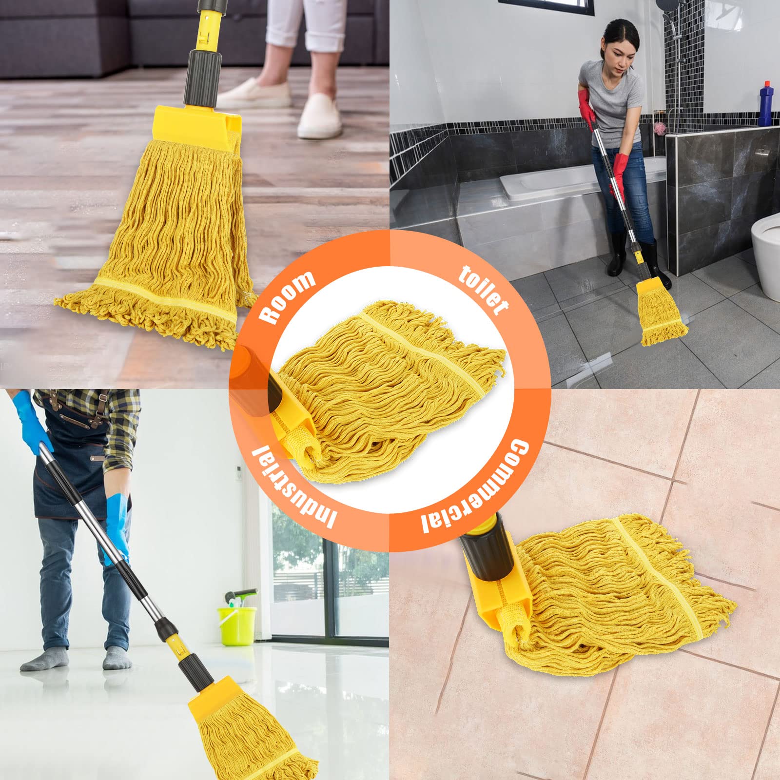 Commercial String Mop, Looped-End String Wet Mop with Extra Mop Heads Replacement, 57inch Mop Handle, Heavy Duty Industrial Commercial Mop for Home, Garage, Office Floor Cleaning, Blue/Yellow