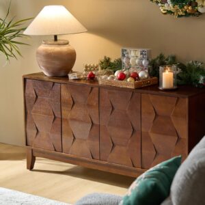 HULALA HOME Mid Century Sideboard Buffet Cabinet with Solid Wood Legs, 60" Kitchen Storage Cabinet Credenza with 4 Doors and 2 Shelves, Accent Console Table, Walnut