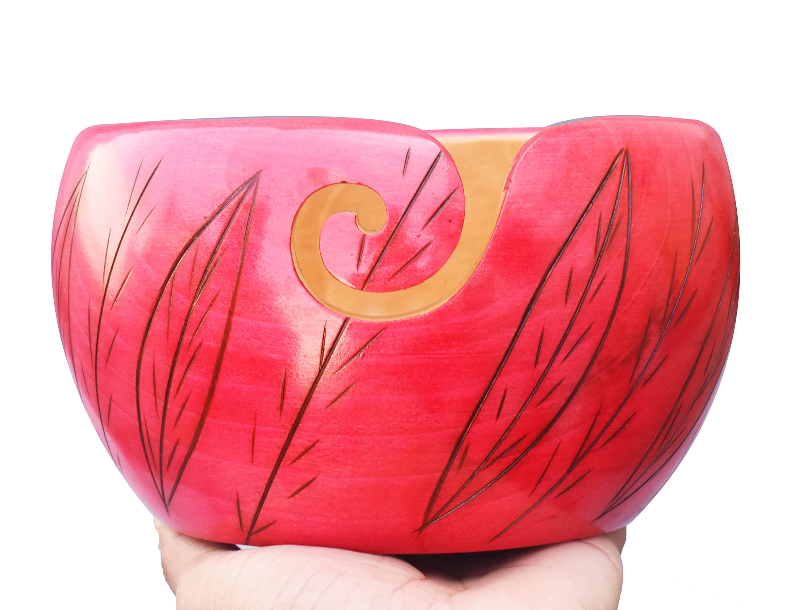 Premium Wooden Yarn Bowl for Crocheting & Knitting 7" x 4" - Large Yarn Bowl Holder - Wooden Yarn Storage Bowl - Crocheting Accessories & Gifts for Mom - Leaves Design Pink