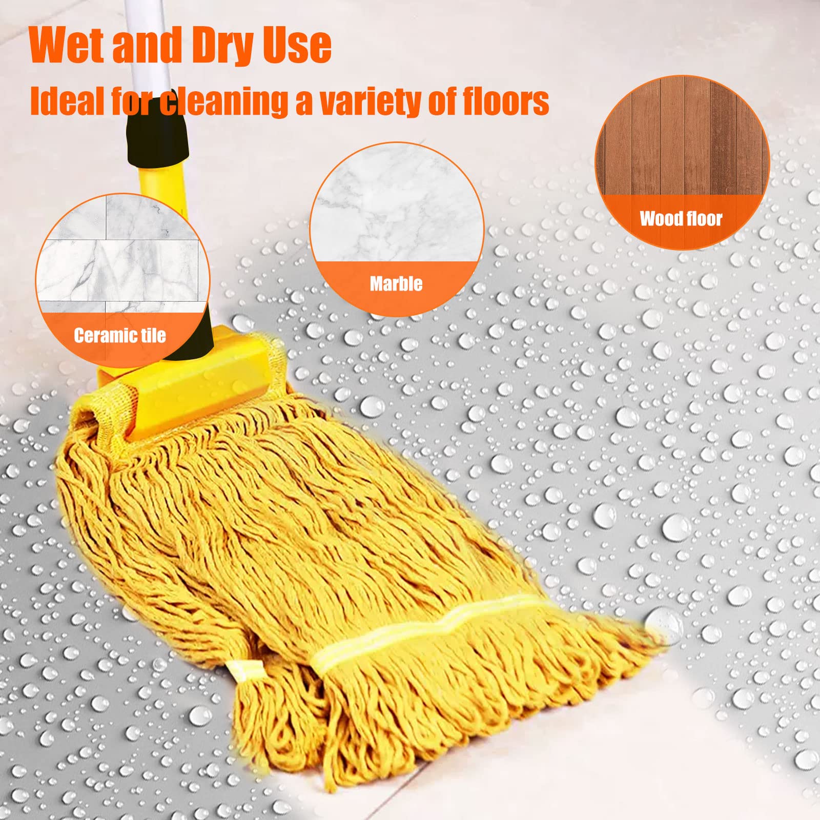 Commercial String Mop, Looped-End String Wet Mop with Extra Mop Heads Replacement, 57inch Mop Handle, Heavy Duty Industrial Commercial Mop for Home, Garage, Office Floor Cleaning, Blue/Yellow