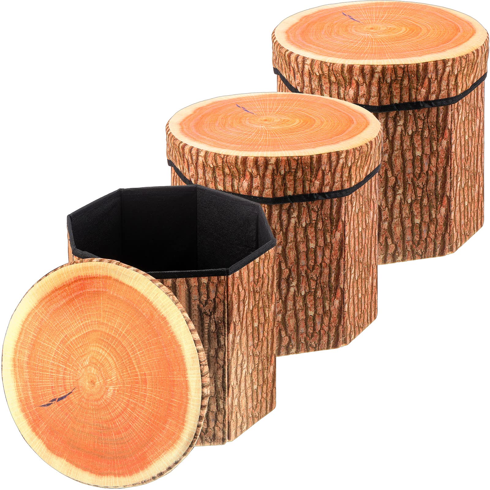 Amylove 3 Pack Tree Stump Storage Stool 12 x 12 Inch Storage Stool Ottoman, Cute Folding Storage Toy Box with Foam Cushion, Collapsible Storage Seat Chest (Classic)