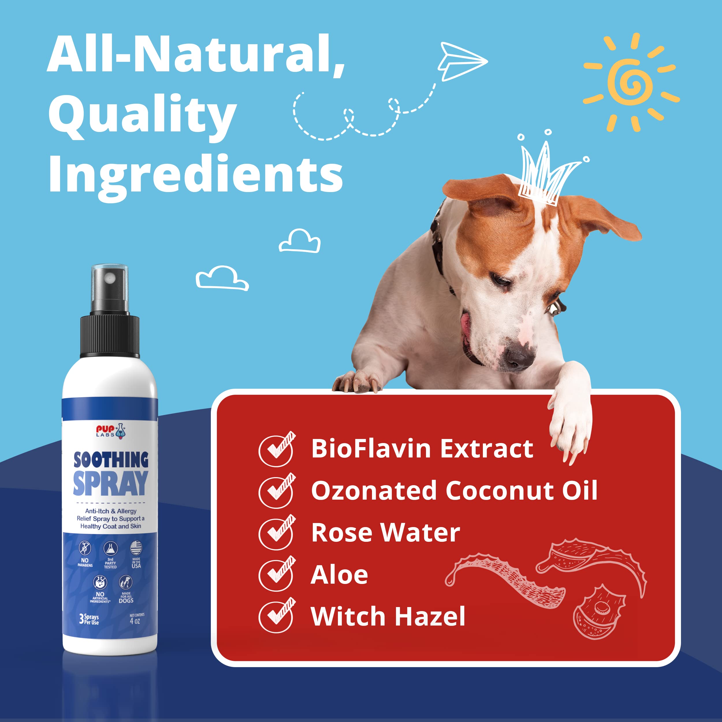 Pup Labs Soothing Spray - Natural Moisturizer Flushes Out Root Cause of Itching and Scratching - Hot Spot Relief for Dogs with BioFlavin Extract - Made for All Dogs and in The USA, 4 Fluid Ounces